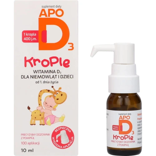 ApoD3 krople 400 j.m., 10ml - Suplement diety z witaminą D postaci kropli zawieszonych w oleju słonecznikowym dla noworodków, niemowląt oraz dzieci powyżej 1. roku życia