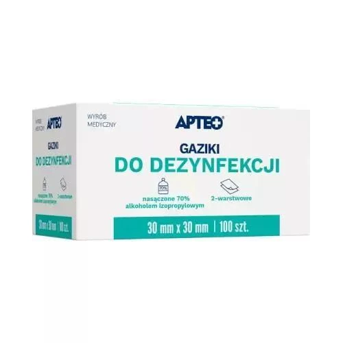 Apteo Gaziki do dezynfekcji 30 mm x 30 mm, 100 sztuk - Nasączone alkoholem izopropylowym, jednorazowe