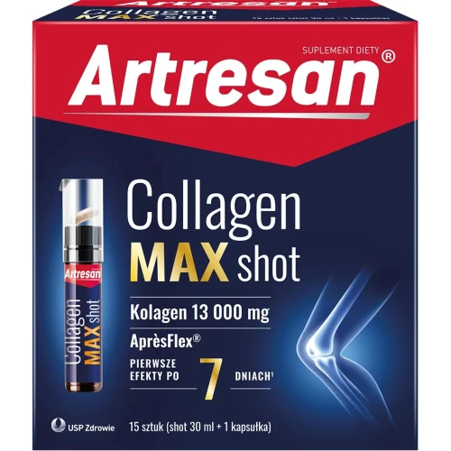 Artresan Collagen Max Shot, 15 x 30 ml + 15 kapsułek - 13 000 mg kolagenu w płynie i kapsułki z AprèsFlex®