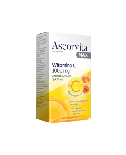 Ascorvita Max, 30 tabletek powlekanych - Suplement diety z dużą dawką witaminy C, witaminą D i cynkiem