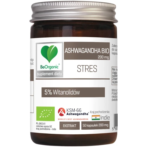 BeOrganic Ashwagandha BIO 200 mg, 50 kapsułek - Standaryzowany ekstrakt KSM-66® 5% witanolidów