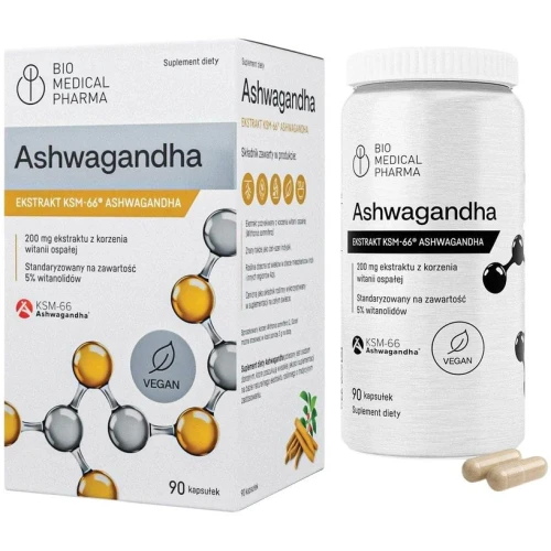 Bio Medical Pharma Ashwagandha KSM-66, 90 kapsułek - Ekstrakt standaryzowany na 10 mg witanolidów 