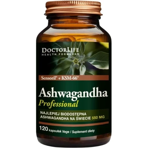 Doctor Life Ashwagandha Professional 550 mg, 120 kapsułek - Ekstrakty z korzenia witanii ospałej – wsparcie odporności na stres i równowagi psychicznej