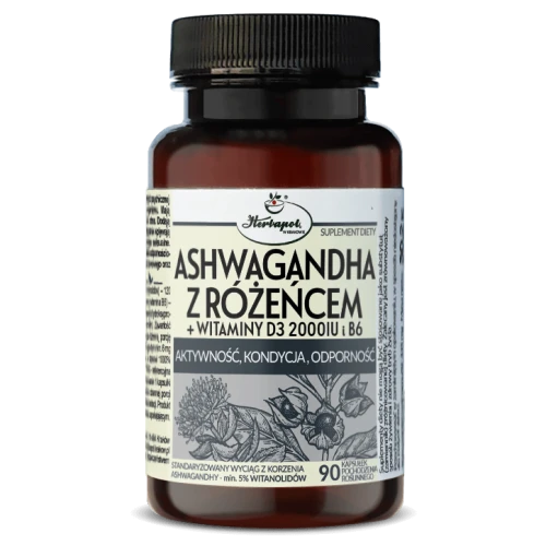 Ashwagandha z Różeńcem + Witaminy D3 2000 IU I B6, 90 kapsułek - Kompozycja adaptogenów i witamin