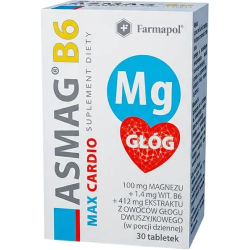 Asmag B6 Max Cardio, 30 tabletek - Wzbogaca dietę w magnez i flawony z ekstraktu z owoców głogu 