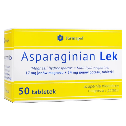 Asparaginian Lek 17 mg jonów magnezu + 54 mg jonów potasu, 50 tabletek - Uzupełnia niedobory magnezu i potasu