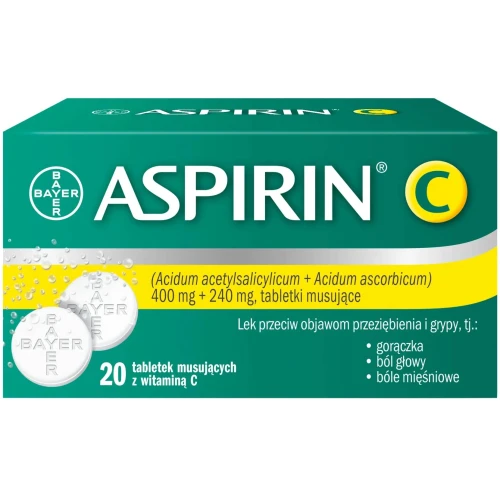 Aspirin C 20 tabletek musujących  - Tabletki musujące, które działają przeciwbólowo, przeciwzapalnie i przeciwgorączkowo