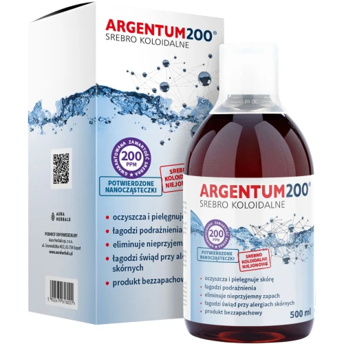 Aura Herbals Argentum200 Srebro Koloidalne 200 ppm, płyn 500 ml - Do codziennej pielęgnacji i oczyszczania skóry małych zwierząt domowych