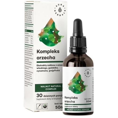 Aura Herbals Kompleks orzecha, krople 50 ml - Ekstrakty roślinne z orzecha włoskiego, goździka, cynamonu i grejpfruta