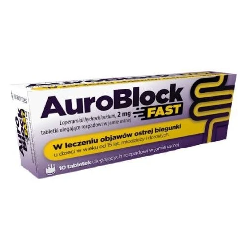 AuroBlock Fast 2 mg, 20 tabletek ulegających rozpadowi w jamie ustnej - Do stosowania w leczeniu objawów ostrej biegunki 
