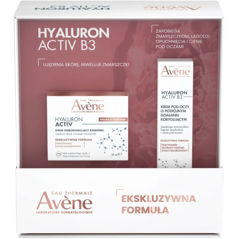 Avène Hyaluron Activ B3 Zestaw - Krem odbudowujący komórki na dzień, 50 ml  + Krem pod oczy, 15 ml - Przeciwzmarszczkowa pielęgnacja nawilżająca i ujędrniająca