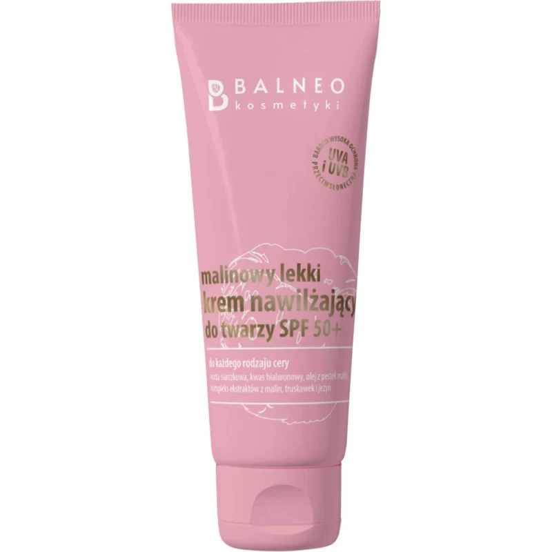 Balneokosmetyki Malinowy lekki krem nawilżający do twarzy SPF 50+, 70 ml - Z kwasem hialuronowym i olejem z pestek malin