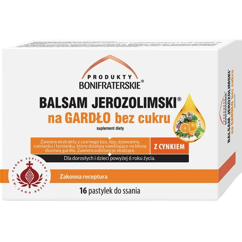 Balsam Jerozolimski Na Gardło bez cukru pastylki do ssania, 16 sztuk - Z kompozycją ziół, które wspierają właściwe funkcjonowanie gardła