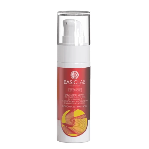 BasicLab Esteticus 1% Retinol, 5% Witamina C, 2% Komórki Macierzyste z Wąkrotki Azjatyckiej Emulsyjne serum do twarzy, 30 ml - Intensywna regeneracja skóry