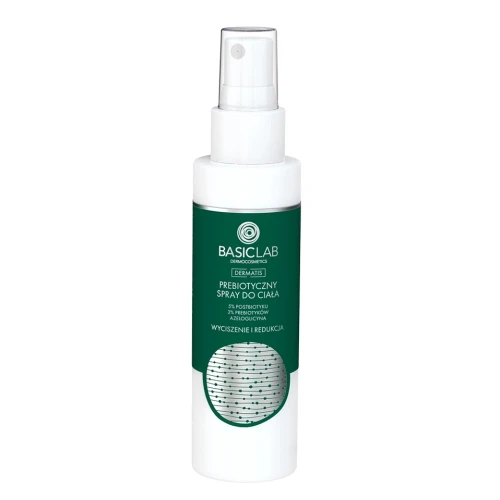 BasicLab Dermatis 5% Postbiotyk, 5% Prebiotyki, Azeloglicyna Prebiotyczny spray do ciała, 100 ml - Przywraca równowagę mikrobiomu 