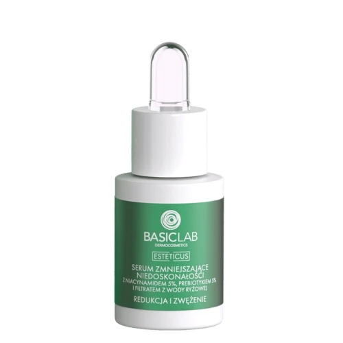 BasicLab Esteticus 5% Niacynamid, 5% Prebiotyk Serum do twarzy, 15 ml - Na niedoskonałości, rozszerzone pory i regulację sebum