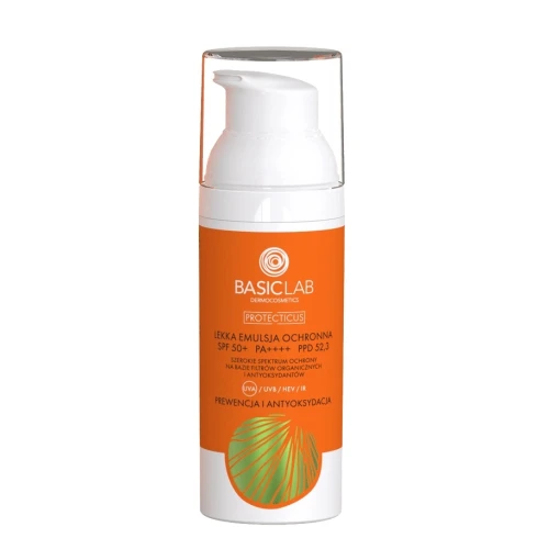 BasicLab Protecticus Lekka emulsja ochronna do twarzy SPF50+ PA ++++ PPD 52,3, 50 ml - Lekka ochrona UV, bez silikonów, do cery tłustej