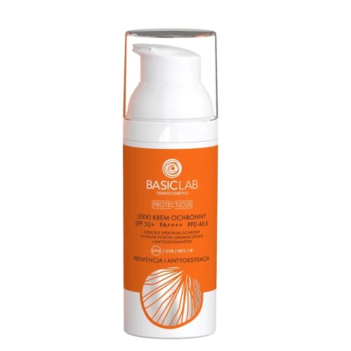 BasicLab Protecticus Lekki krem ochronny do twarzy SPF50+ PA ++++ PPD 46,6, 50 ml - Dla skóry suchej i bardzo suchej