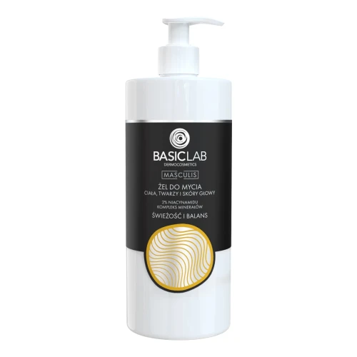 BasicLab Masculis 2% Niacynamid, Kompleks Minerałów Żel do mycia ciała, twarzy i skóry głowy, 500 ml - Łagodny żel oczyszczający 3w1