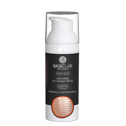 BasicLab Masculis 3% Witamina C, 2% Prebiotyki, Witamina E Lekki krem do twarzy SPF30, 50 ml - Formuła z witaminą C i prebiotykami dla skóry wrażliwej i mieszanej
