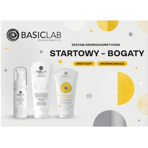 BasicLab Startowy Bogaty Zestaw - pianka myjąca, 50 ml + emulsja myjąca, 100 ml + krem do twarzy, 75 ml - Delikatne oczyszczanie i intensywne nawilżenie skóry wrażliwej