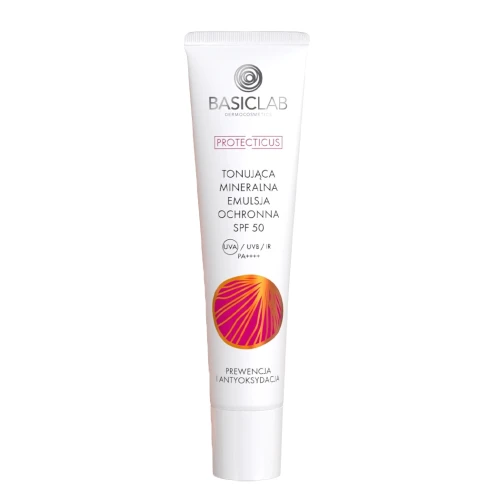 BasicLab Protecticus Tonująca mineralna emulsja ochronna do twarzy SPF50 PA ++++, 40 ml - Mineralna ochrona przeciwsłoneczna z pigmentem