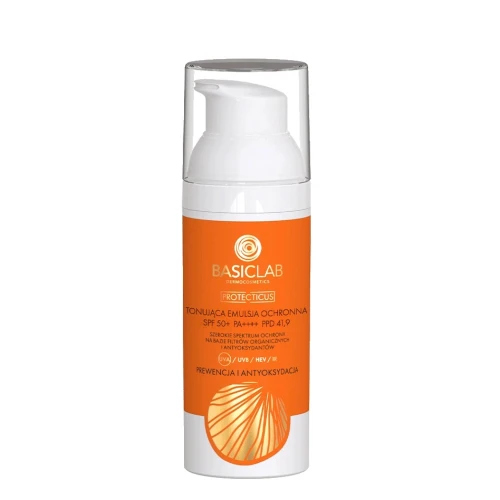 BasicLab Protecticus Tonująca emulsja ochronna do twarzy SPF50+ PA ++++ PPD 41,9, 50 ml - Ochrona i intensywne nawilżenie do każdego typu skóry