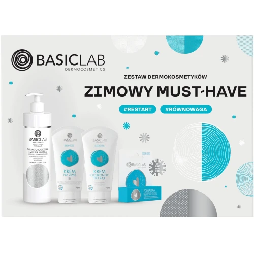 BasicLab Zimowy Must Have Zestaw - emulsja 300 ml + krem, 75 ml + krem do rąk, 75 ml + pomadka, 4g - Zimowa pielęgnacja skóry twarzy, dłoni i ust