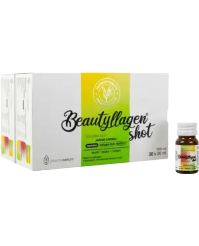 Beautyllagen Shot, smak jabłko–limonka, 30 x 30 ml - Kompozycja kolagenu i witamin dla zdrowia i jędrnej skóry
