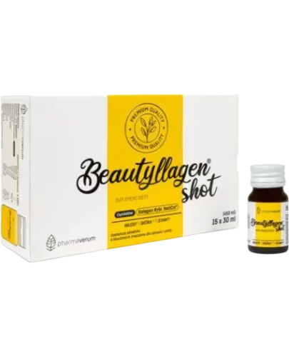 Beautyllagen Shot, smak mango–pomarańcza, 15 x 30 ml - Z kolagenem i witaminami wspierającymi zdrowie włosów, skóry i paznokci