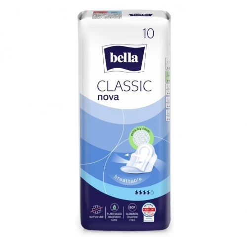Bella Classic Nova Podpaski higieniczne, 10 sztuk - Oddychające podpaski z technologią Extra Dry Cover