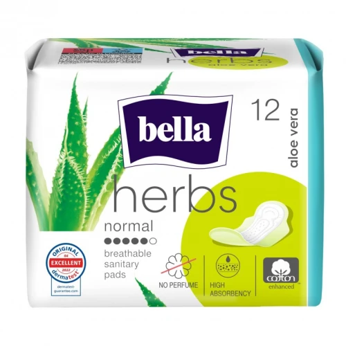Bella Herbs Aloe Vera Normal Podpaski higieniczne, 12 sztuk - Delikatne, bezzapachowe podpaski z aloesem i bawełną