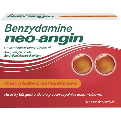Neo-angin Benzydamine, smak miodowo-pomarańczowy, 20 pastylek do ssania - Tabletki na gardło