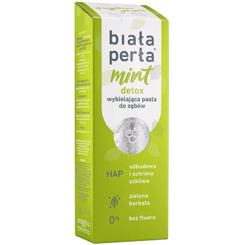 Biała Perła Mint Detox, wybielająca pasta do zębów bez fluoru, 75 ml - Zapewnia ochronę przed kamieniem nazębnym i próchnicą