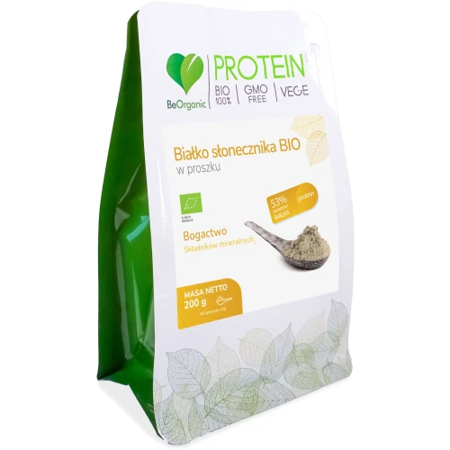 BeOrganic Białko słonecznika BIO w proszku, 200 g - Vegan, bez glutenu, źródło witamin B i E
