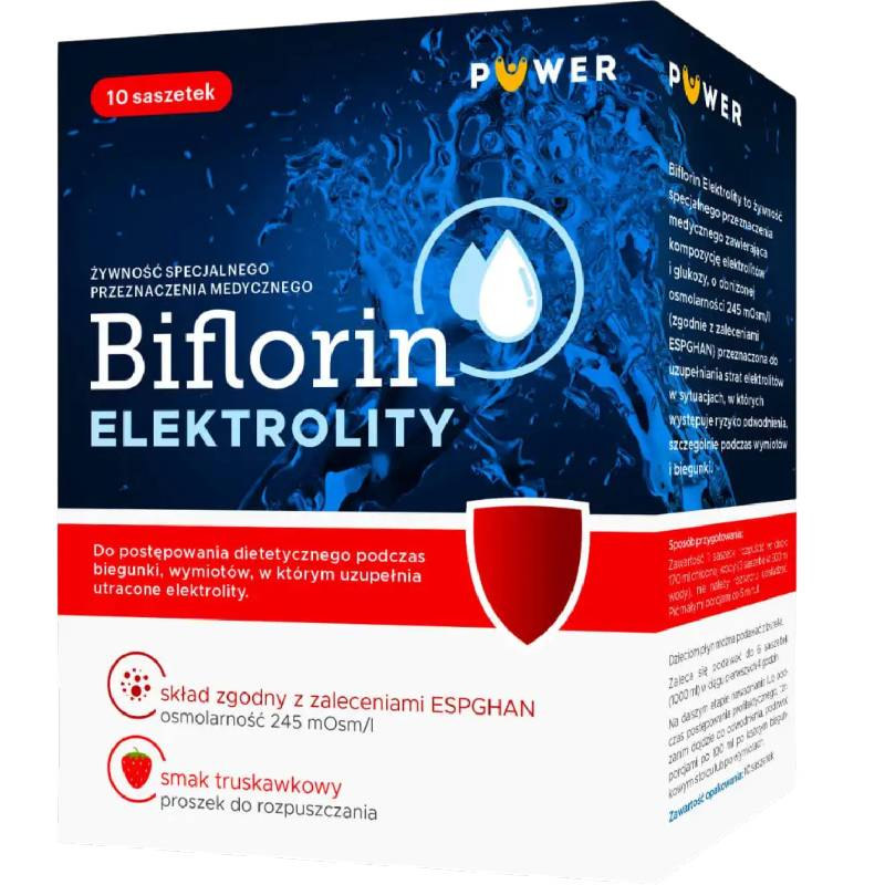 Biflorin Elektrolity, smak truskawkowy, 10 saszetek - Do postępowania dietetycznego w stanach odwodnienia u dzieci i dorosłych