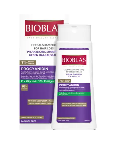 Bioblas Ziołowy szampon do włosów przetłuszczających się, 360 ml - Z procyjanidyną i witaminą B3