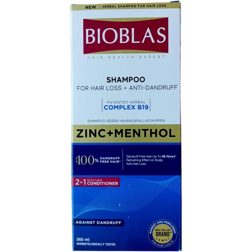 Bioblas Ziołowy przeciwłupieżowy szampon z odżywką 2w1 z cynkiem i mentolem, 360 ml - Wzmacnia cebulki włosów i działa przeciw wypadaniu włosów