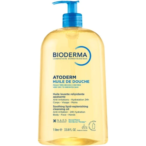 Bioderma Atoderm Huile de douche Nawilżający olejek do kąpieli i pod prysznic, 1 l - 24-godzinne nawilżenie i natychmiastowy komfort już podczas kąpieli