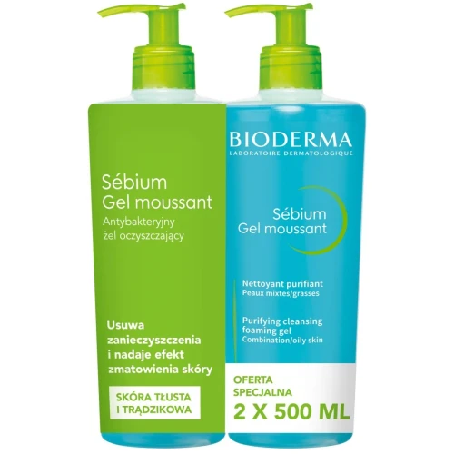 Bioderma Sebium Gel Moussant Antybakteryjny żel do mycia twarzy, 2 x 500 ml  - Usuwa zanieczyszczenia i nadaje efekt zmatowienia skóry