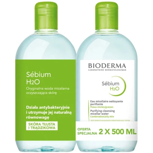Bioderma Sebium H2O Woda micelarna, 2 x 500 ml - Antybakteryjna oczyszczająca woda micelarna do cery tłustej bez konieczności spłukiwania