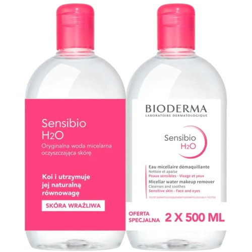 Bioderma Sensibio H2O Woda micelarna, 2 x 500 ml  - Oczyszcza skórę zarówno rano, jak i wieczorem. Eliminuje zanieczyszczenia oraz makijaż