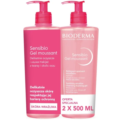 Bioderma Sensibio Zestaw Żel oczyszczający, 2 x 500 ml - Łagodzący żel micelarny do oczyszczania twarzy o działaniu nawilżającym