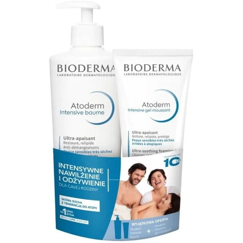 Bioderma Atoderm Zestaw Intensive Baume, balsam kojący 500 ml + Intensive Gel Moussant, żel 200 ml - Do pielęgnacji skóry suchej i atopowej