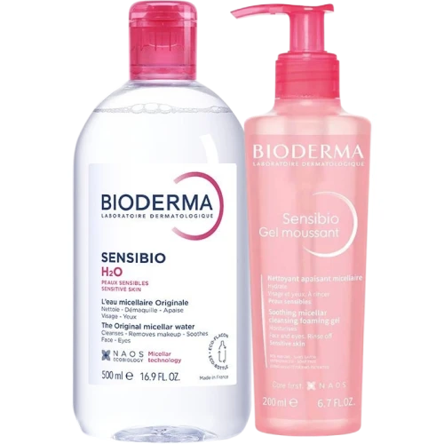 Bioderma Sensibio H2O Woda micelarna, 500 ml + Gel moussant, 200 ml - Zestaw do oczyszczania wrażliwej skóry twarzy