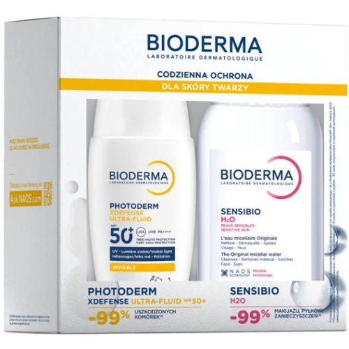 Bioderma Codzienna Ochrona Zestaw - Photoderm Xdefense Ultra-fluid SPF50+, 40 ml + Sensibio H2O, 250 ml - Ultralekki fluid przeciwsłoneczny SPF 50+ + woda micelarna