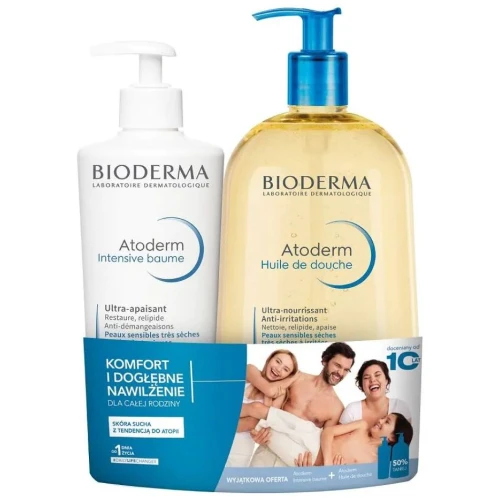 Bioderma Atoderm Zestaw, balsam kojący, 500 ml + nawilżający olejek do kąpieli i pod prysznic, 1 l - Do skóry atopowej, suchej, bardzo suchej