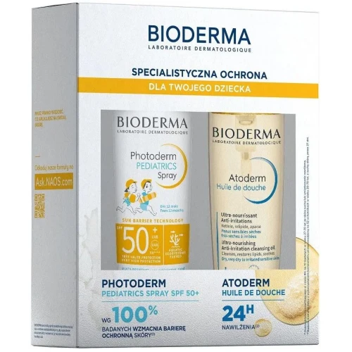 Bioderma Zestaw Atoderm Huile de douche + Photoderm Pediatrics Spray SPF 50+, 200ml +  200 ml - Który zapewnia ochronę skóry