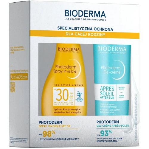 Bioderma Photoderm Zestaw Spray Invisible SPF30 + Krem-żel Apres Soleil, 300 ml+ 500 ml -  Zapewniający ochronę skóry 