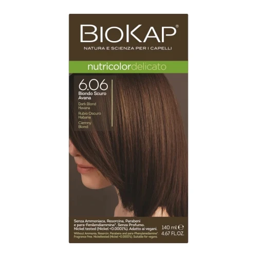 Biokap Nutricolor Delicato 6.06 Ciemny blond, 140 ml - Farba do włosów bez amoniaku, rezorcyny, parabenów, a także PPD.